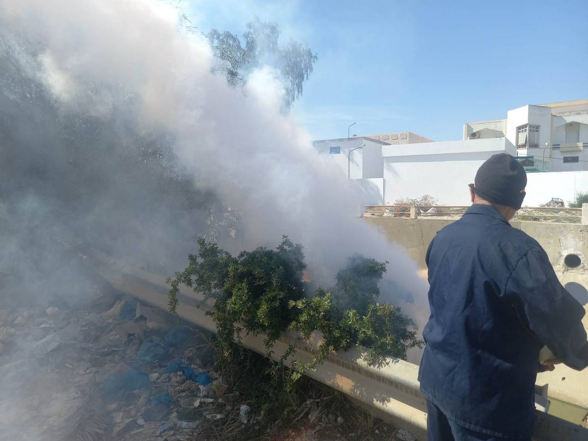 بلدية صفاقس تقوم  بتبخير القنال الحزاميّة من جهة طريقي  المحارزة وقابس