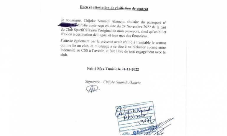 النادي الصفاقسي ينشر وثيقة تضمن حقوقه مع اللاعب النيجيري