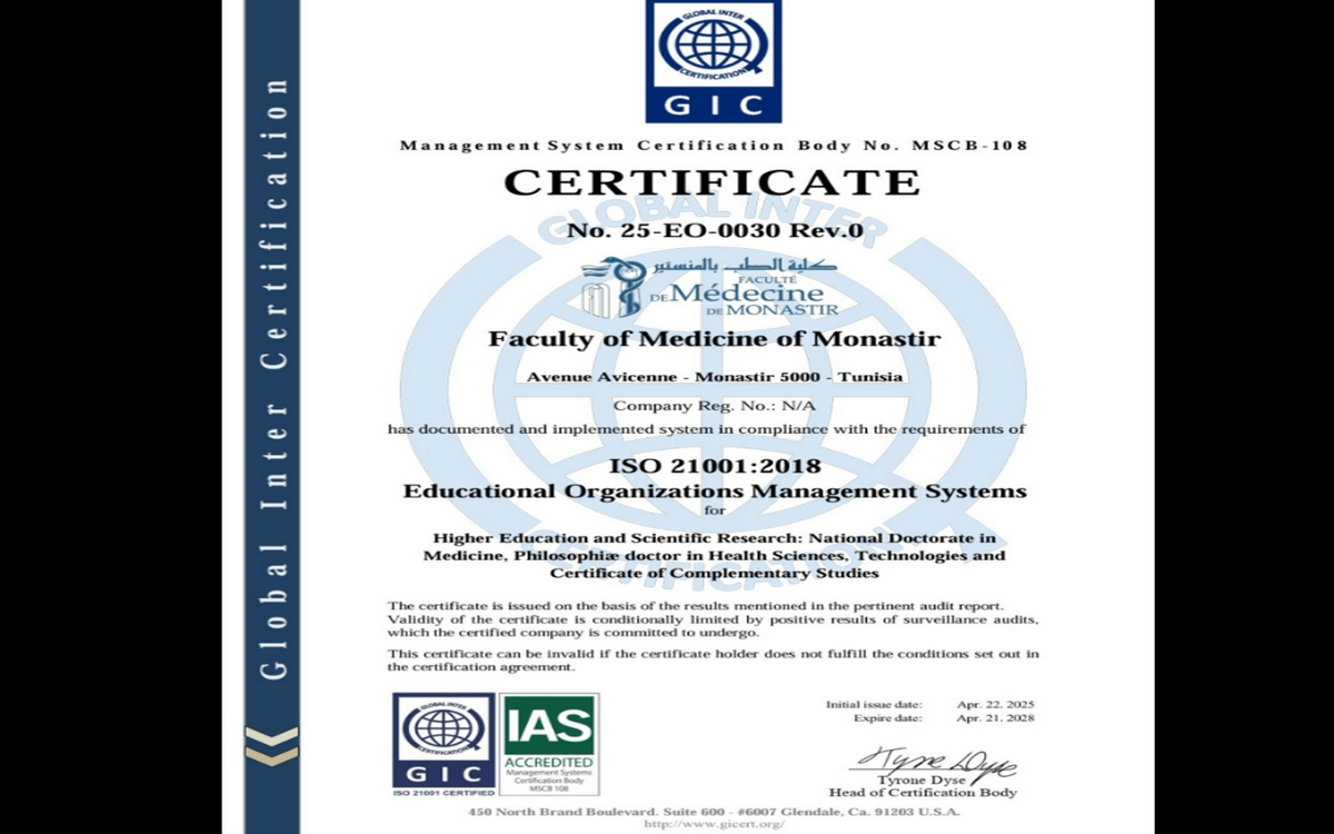 كلية الطب بالمنستير تتحصل على شهادة ISO21001