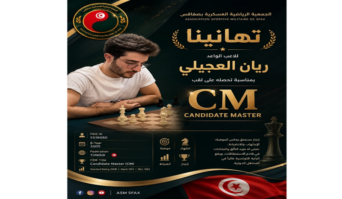ريان العجيلي يتحصل على لقب Candidate Master ويُشرّف الجمعية الرياضية العسكرية بصفاقس